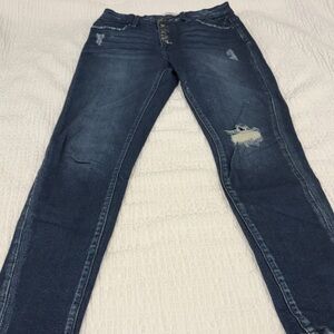 KanCan Dark Blue Distressed Button Fly Skinny Jeans